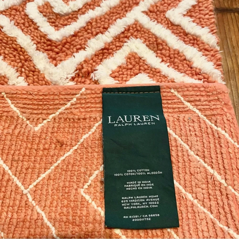 🪶Boho RALPH LAUREN Coral~Pink Geometric Cotton Bath Rug-17” x 25”